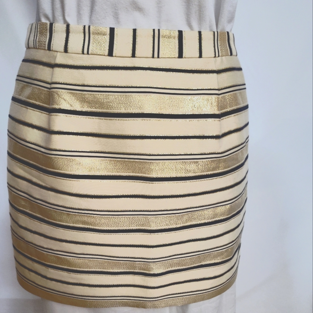 J. CREW Skirt Size 6 Ivory Gold and Black Stripe, Cotton and Silk